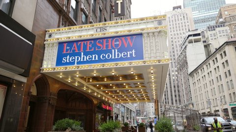 NEW YORK CITY, NY - NOVEMBER 22: The Late Show building exterior where Stephen Colbert hosts show at Ed Sullivan Theater on November 22, 2020 in NYC, New York.