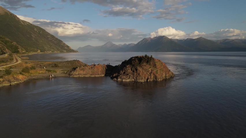 Aerial view of Alaskan landscape in the golden hour. Beluga point with beautiful mountains on the background.