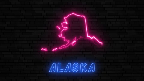 State of Alaska map silhouette with neon line on a dark brick wall background