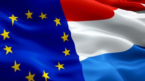 Europe and Netherlands Flag Wave Loop waving in wind. European Union vs Holland Flag background. EU Netherlands Flag Looping Closeup 1080p. Video of Euro sign waving. Euro and Netherlands flag Slow 