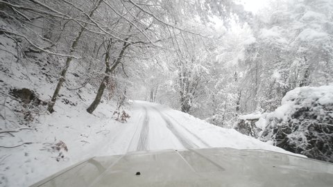 drive off-road vehicle on the snowy road in the mountains. Off-Road Car, Driving On Mountain Road In Snowy Road, Surrounded By Snow Covered