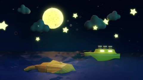 3D Magical Night in Ocean - Moon Stars Boat and Whale. 4k Seamless Looped. Great for Kids.