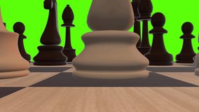 A Cinematic camera movement on White Knight or Horse chess piece on chess board with green screen chroma key background video 