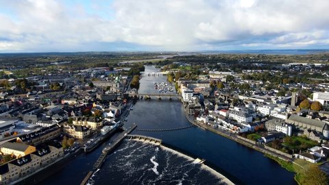 Aerial view over Athlone town in County Westmeath, Ireland. A majestic location on the banks of the River Shannon near the southern shore of Lough Ree.