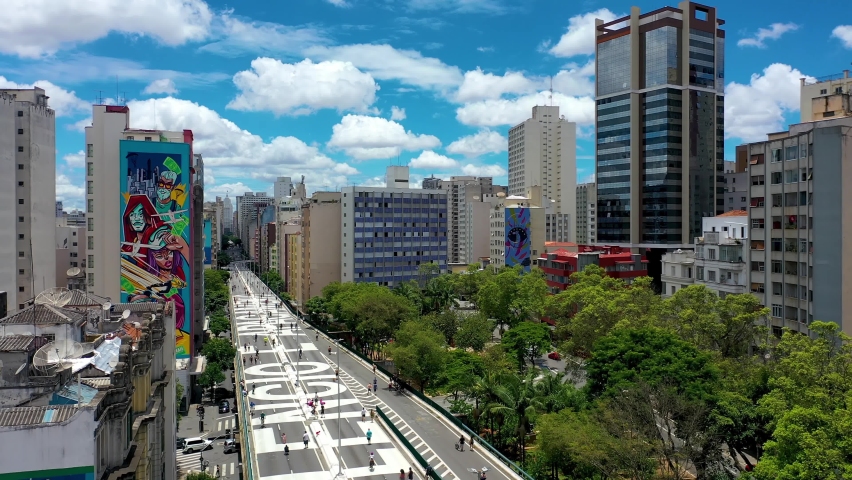 Elevado Costa e Silva, Sao Paulo. Aerial city andscape. Metropolitan capital city. Panorama view of city scenery. Metropolis landscaping. Cityscape and skyscrapers aerial view. Minhocao, Sao Paulo.