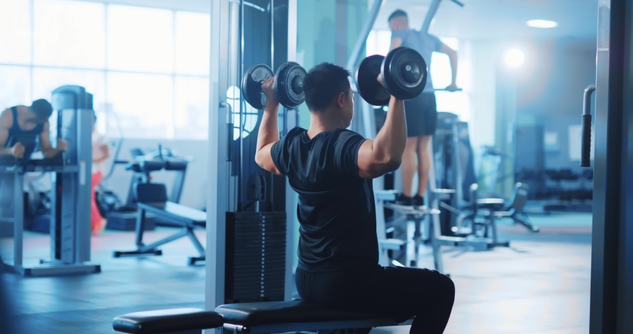 Active bodybuilder young asian man lifting heavy weights black dumbbells concentrating working out alone. Gym concept. Healthy lifestyle. Royalty-Free Stock Footage #1064679175