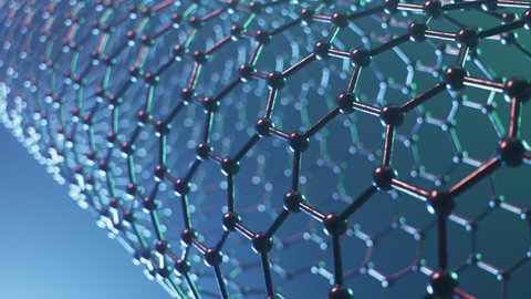Structure of the graphene or carbon surface, abstract nanotechnology hexagonal geometric form close-up, concept graphene atomic structure, concept graphene molecular structure, 4K loop 3D animation