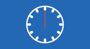 4K Video Clock animation on a blue background, white clock and hour and minute hand in light red clock moving 1 turn