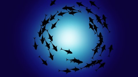 silhouette of sharks floating in a circle in the sea. bottom view of the sun's rays. dark sea water.  Illustration