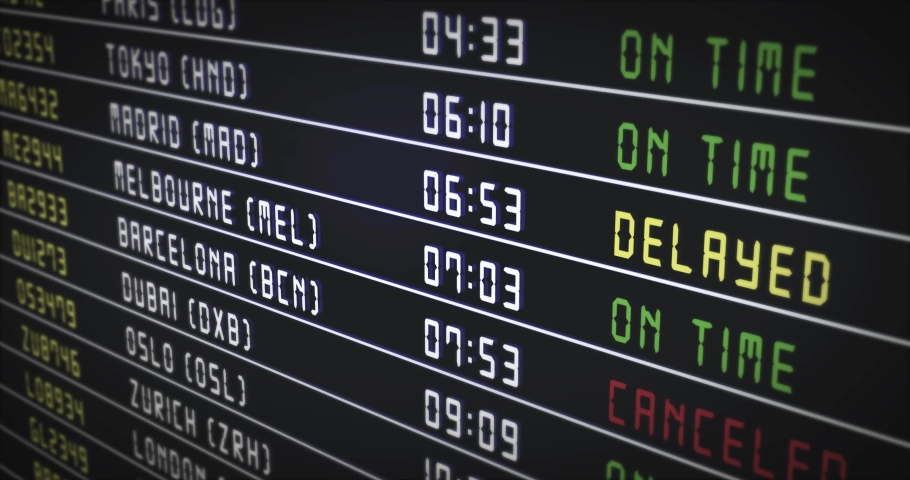 Flight information board with canceled flights. Arrival and departure times on information board are changed to canceled. Royalty-Free Stock Footage #1064702056