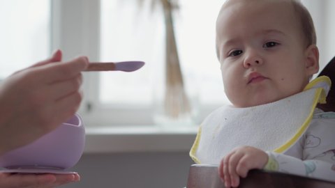 food, nutrition, childhood concepts - Mom feeds infant baby with rubber spoon. Cute not hungry child dressed in bib sits in kids chair dont want to eat dish in kitchen indoors. dislike first feeding