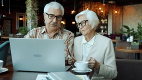 Business man and woman elderly people are using laptop looking at screen and talking at table in restaurant. Businesspeople and modern devices concept. - Powered by Shutterstock - Get 15% off with code: PIKWIZARD15
