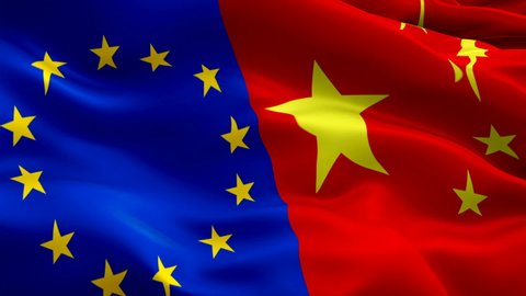 Europe and Chinese Flag Wave Loop waving in wind. Realistic European Union vs China Flag background. EU China Flag Looping Closeup. Video of Euro sign waving. Euro and Chinese flag Slow Motion video 