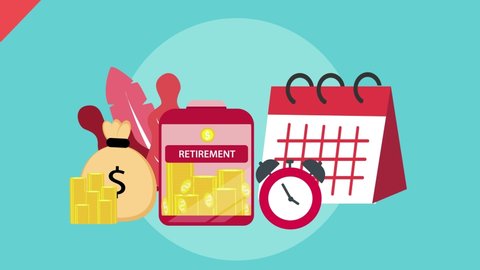 Close up of hand animation saving money in a glass jar for retirement with alarm clock and calendar. Cartoon in 4k resolution