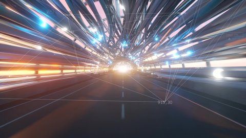 Flying in a futuristic fiber optic tunnel with a road. Future technologies concept. Business background. Pleasant natural lighting. Technological connections. Seamless loop 3d render
