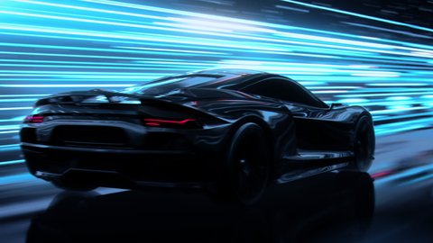 3D Car Model: Sports Car Driving at on a Wet Road on High Speed, Racing Through the Colorful Tunnel With Lights Reflecting Everywhere. Dark Supercar Driving Fast on Highway. VFX Animation. Arc Shot