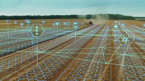 Aerial Shot: Harvester Working on Field. Digitalization of the Crops Growing Efficiency with AI Data Analysis Icons. Futuristic Agriculture Concept of Computerized, Eco, Sustainable way of Harvesting - Powered by Shutterstock - Get 15% off with code: PIKWIZARD15
