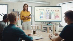 Office Conference Room Meeting: Caucasian Female Programmer Doing Food Delivery Software App Presentation to a Diverse Multi-Ethnic Team of Businesspeople, Explaining UI UX Working, Customer Support - Powered by Shutterstock - Get 15% off with code: PIKWIZARD15