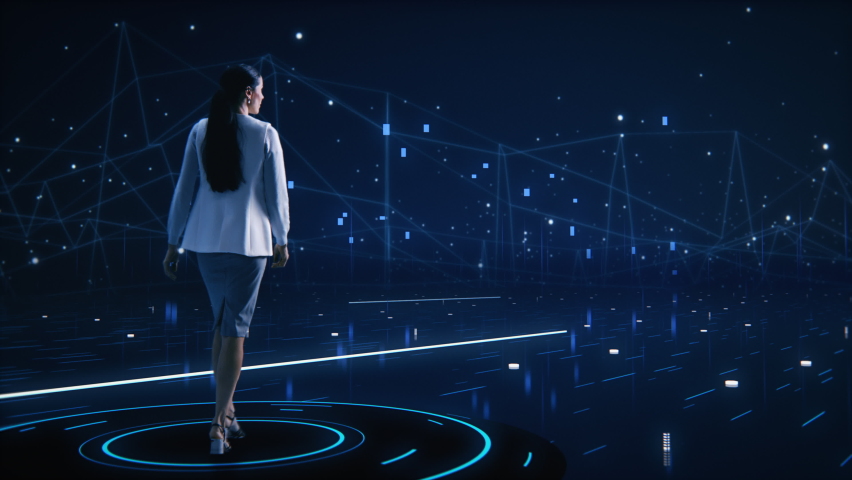 Virtual Reality Internet Interface Concept: Beautiful Business Woman Stands in 3D Cyberspace: Browses Through Content Websites, Watches Video Streaming Services, uses Social Media, does e-Commerce Royalty-Free Stock Footage #1064718853