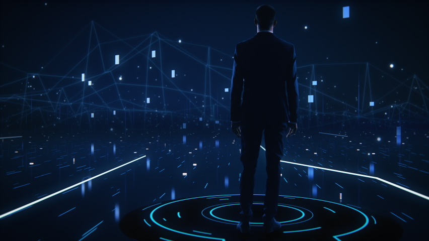 Virtual Reality Internet Interface Concept: Businessman Stands in 3D Cyberspace World: Browses Through Content Websites, Watches Video Streaming Services, uses Social Media, does e-Commerce e-Business Royalty-Free Stock Footage #1064718856