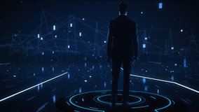Virtual Reality Internet Interface Concept: Businessman Stands in 3D Cyberspace World: Browses Through Content Websites, Watches Video Streaming Services, uses Social Media, does e-Commerce e-Business