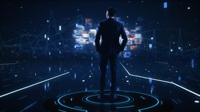 Virtual Reality Internet Interface Concept: Businessman Stands in 3D Cyberspace World: Browses Through Content Websites, Watches Video Streaming Services, uses Social Media, does e-Commerce e-Business - Powered by Shutterstock - Get 15% off with code: PIKWIZARD15