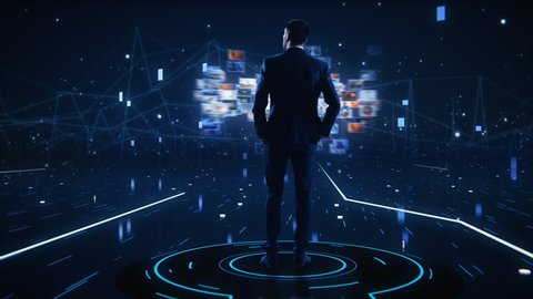 Virtual Reality Internet Interface Concept: Businessman Stands in 3D Cyberspace World: Browses Through Content Websites, Watches Video Streaming Services, uses Social Media, does e-Commerce e-Business
