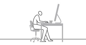 businessman working, typing at keyboard, drink coffee. Animation, cartoon, clip art, illustration, vector in outline, black and white.