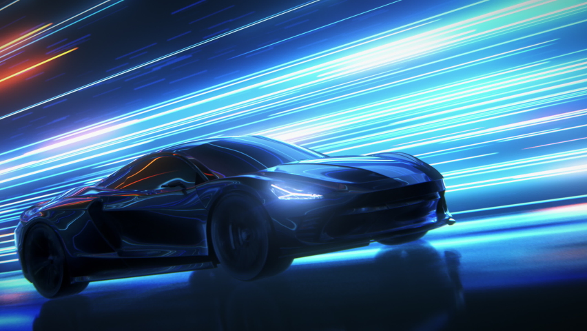 3D Car Model: Sports Car Driving at on a Wet Road on High Speed, Racing Through the Colorful Tunnel With Lights Reflecting Everywhere. Dark Supercar Driving Fast on Highway. VFX Animation | Shutterstock HD Video #1064726473