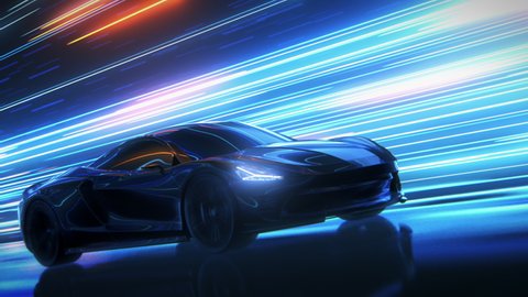 3D Car Model: Sports Car Driving at on a Wet Road on High Speed, Racing Through the Colorful Tunnel With Lights Reflecting Everywhere. Dark Supercar Driving Fast on Highway. VFX Animation