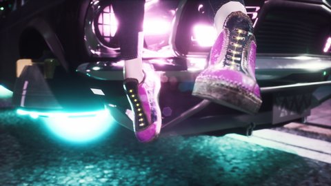 Cyber Girl has fun sitting on her flying car, which is standing on the street of the night futuristic city. Animation for fiction, cyber and sci-fi backgrounds. View of an future fiction city.の動画素材
