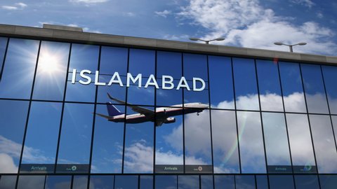 Jet aircraft landing at Islamabad, Pakistan 3D rendering animation. Arrival in the city with the glass airport terminal and reflection of the plane. Travel, business, tourism and transport concept.