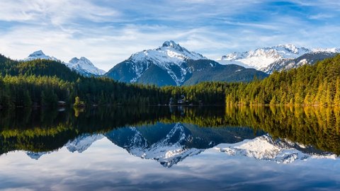 Cinemagraph Loop Animation. Beautiful Peaceful View of Levette Lake with famous Tantalus Mountain Range in the background. Taken in Squamish, North of Vancouver, British Columbia, Canada.