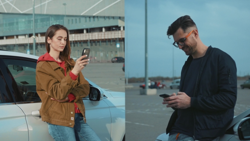 Collage of caucasian handsome man and woman in collage communicating on mobile phones. Boyfriend and girlfriend multiscreen. Cars in background. Royalty-Free Stock Footage #1064731762