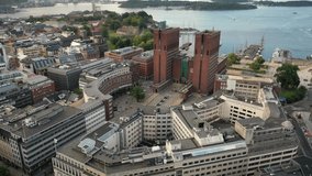 Oslo, Norway ,scandinavia. Beautiful 4K panoramic aerial video from flying drone to Oslo City Hall is a municipal building in Oslo, the capital of Norway. Against the background of port and yachts