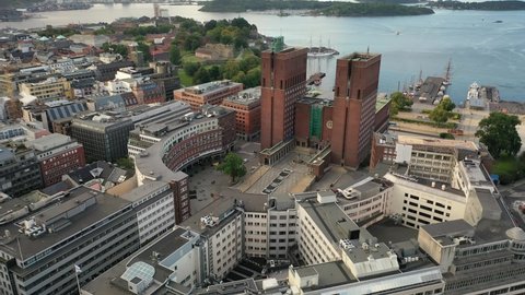 Oslo, Norway ,scandinavia. Beautiful 4K panoramic aerial video from flying drone to Oslo City Hall is a municipal building in Oslo, the capital of Norway. Against the background of port and yachts