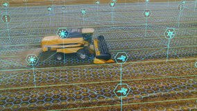 Aerial Shot: Harvester Working on Field. Digitalization of the Crops Growing Efficiency with AI Data Analysis Icons. Futuristic Agriculture Concept of Computerized, Eco, Sustainable way of Harvesting - Powered by Shutterstock - Get 15% off with code: PIKWIZARD15