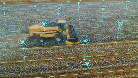 Aerial Shot: Harvester Working on Field. Digitalization of the Crops Growing Efficiency with AI Data Analysis Icons. Futuristic Agriculture Concept of Computerized, Eco, Sustainable way of Harvesting