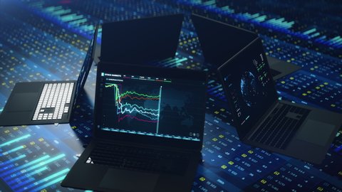 Stock market news intro, abstract financial graphs and charts on laptop screens. Laptop screens with financial backgrounds, 3d animation