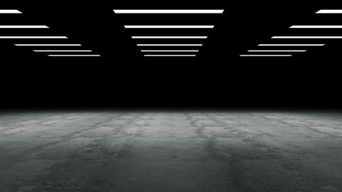 4K Animation of Lamps Turn On and Illuminated Empty Concrete Floor in Warehouse