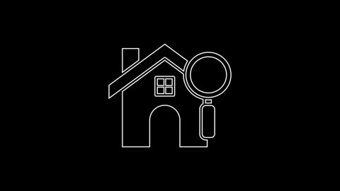 White line Search house icon isolated on black background. Real estate symbol of a house under magnifying glass. 4K Video motion graphic animation