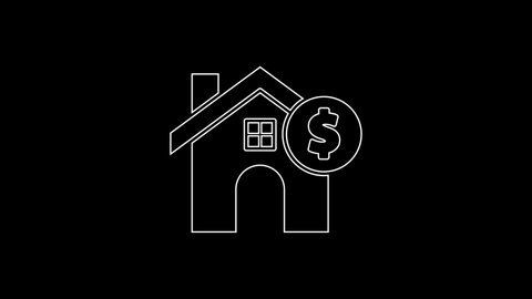 White line House with dollar symbol icon isolated on black background. Home and money. Real estate concept. 4K Video motion graphic animation