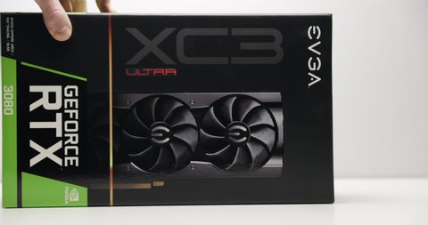 BUDAPEST, HUNGARY - CIRCA 2020: EVGA gForce RTX 3080 graphics card, ehich features Ampere architecture and raytracing technology