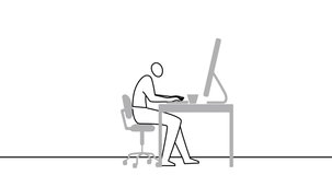 man working at computer, typing at keyboard, drink coffee. Animation, cartoon, clip art, illustration, vector in outline, black and white.