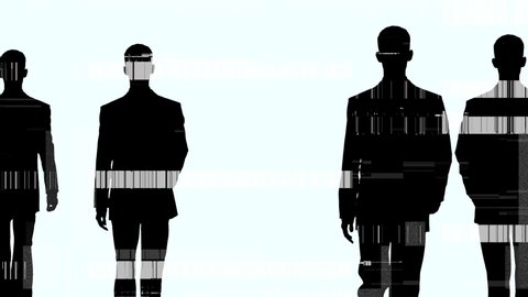 Animation of businessman silhouettes cloned walking against a glitching background