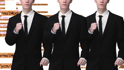 Animation of businessman cloned running with data behind