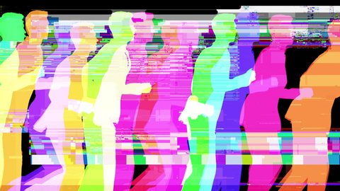 Animation of businessman silhouettes cloned running against a black background with glitch and distortion