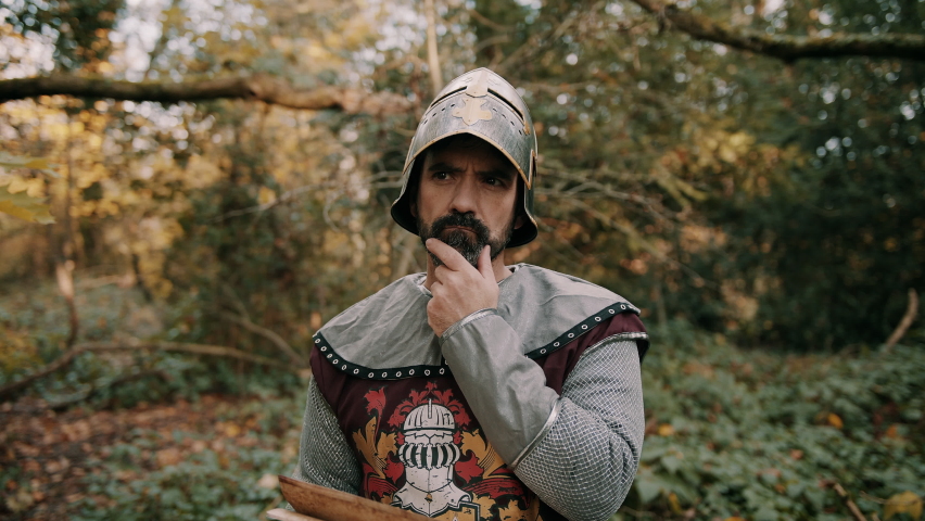 Medieval knight rubbing his beard and looking confused