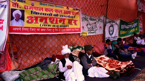 New Delhi, India - December 2020 : Farmers are protesting against new farm laws at Delhi-Haryana Tikri Border. Farmers protest against new bill passed by government. Farmers sitting in hunger strike 