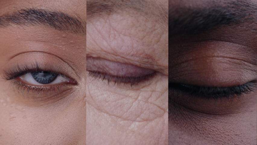 Collage vertical shot of three multi-ethnic people eyes staring at camera. People diversity. Multi-cultural models. Ethnicity. Multiscreen concept. Royalty-Free Stock Footage #1064786038